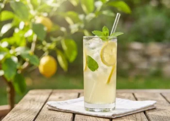 Limonata alla menta fredda - Bevanda estiva dissetante Un bicchiere di limonata fresca fatta in casa con fette di limone, foglie di menta e ghiaccio, centrato su un tavolo in legno all'aperto.