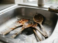 Mestoli di legno da cucina sporchi e usati nel lavandino prima della pulizia profonda