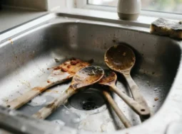 Mestoli di legno da cucina sporchi e usati nel lavandino prima della pulizia profonda