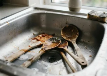 Mestoli di legno da cucina sporchi e usati nel lavandino prima della pulizia profonda