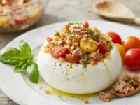 Mozzarella ripiena fresca con tonno, pomodorini e pane croccante su piatto bianco