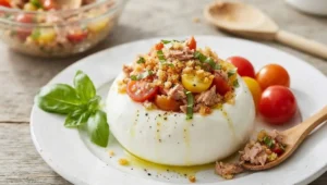 Mozzarella ripiena fresca con tonno, pomodorini e pane croccante su piatto bianco