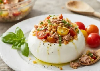 Mozzarella ripiena estiva Mozzarella ripiena fresca con tonno, pomodorini e pane croccante su piatto bianco