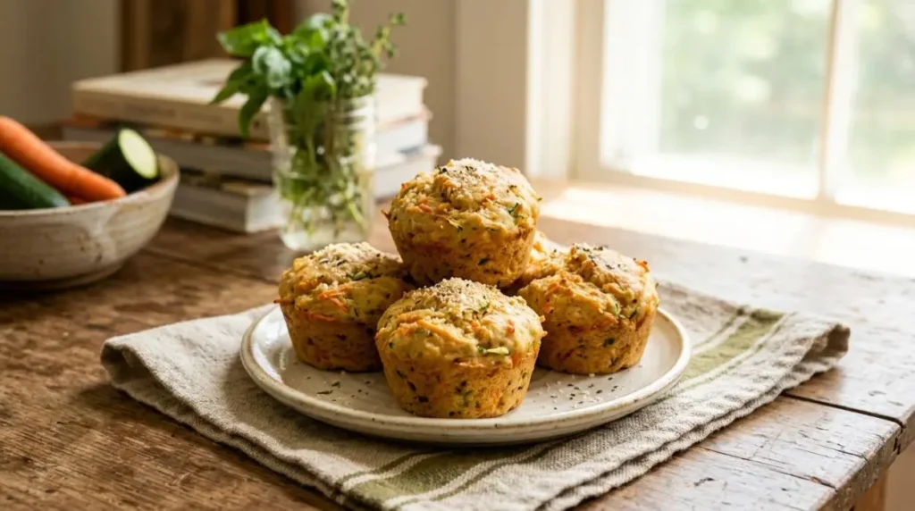 Muffin salati con zucchine e carote per bambini disposti su un piatto in una cucina luminosa