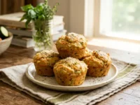 Muffin salati con zucchine e carote per bambini disposti su un piatto in una cucina luminosa