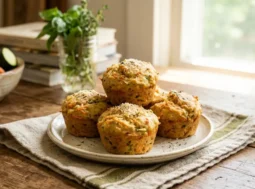 Muffin salati con zucchine e carote per bambini disposti su un piatto in una cucina luminosa