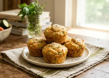 muffin-salati-verdure-ricetta-bambini Muffin salati con zucchine e carote per bambini disposti su un piatto in una cucina luminosa
