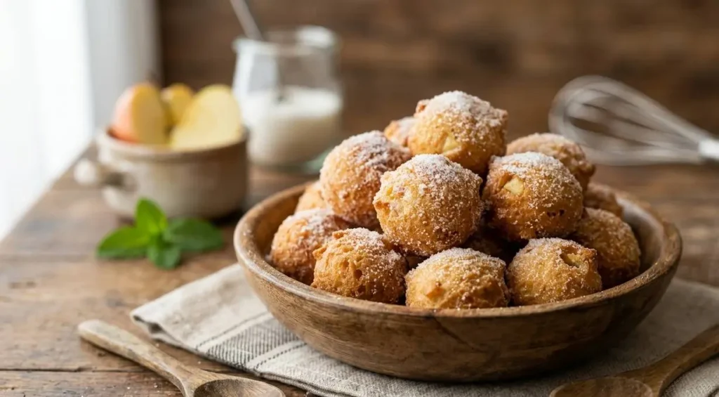 Palline dolci fritte veloci alle mele Vassoio in legno colmo di palline dolci fritte alle mele ricoperte di zucchero semolato, disposte su una tavola rustica con mele fresche sullo sfondo.