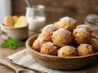 Vassoio in legno colmo di palline dolci fritte alle mele ricoperte di zucchero semolato, disposte su una tavola rustica con mele fresche sullo sfondo.