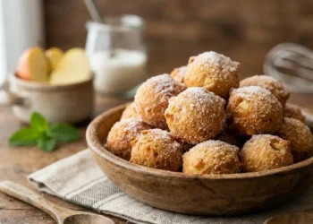 Palline dolci fritte veloci alle mele Vassoio in legno colmo di palline dolci fritte alle mele ricoperte di zucchero semolato, disposte su una tavola rustica con mele fresche sullo sfondo.