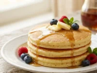 Una pila di tre pancake soffici e alti guarniti con burro, sciroppo d'acero, mirtilli e lamponi freschi su un piatto bianco