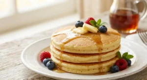 Pancake sofficissimi con 3 ingredienti Una pila di tre pancake soffici e alti guarniti con burro, sciroppo d'acero, mirtilli e lamponi freschi su un piatto bianco