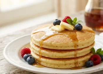 Pancake sofficissimi con 3 ingredienti Una pila di tre pancake soffici e alti guarniti con burro, sciroppo d'acero, mirtilli e lamponi freschi su un piatto bianco