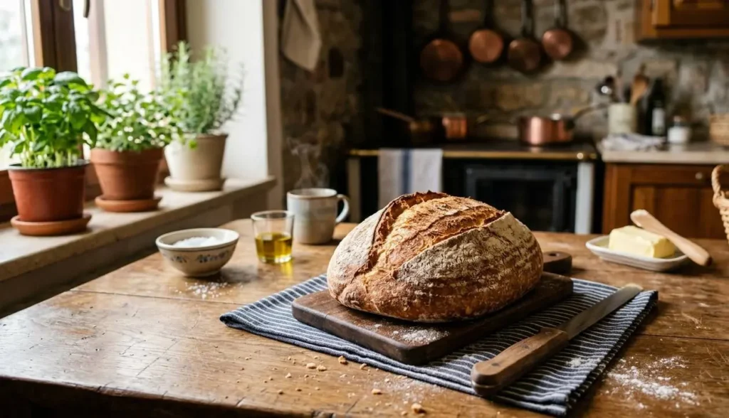Pane fatto in casa fragrante su tavolo di legno Pagnotta di pane fatto in casa appena sfornato adagiata su un tavolo rustico di una cucina.