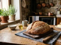 Pagnotta di pane fatto in casa appena sfornato adagiata su un tavolo rustico di una cucina.
