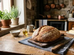 Pagnotta di pane fatto in casa appena sfornato adagiata su un tavolo rustico di una cucina.