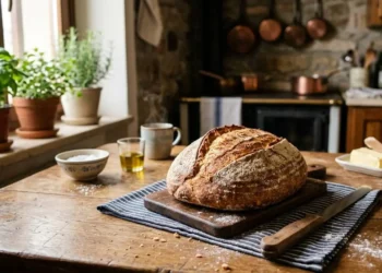 Pane fatto in casa fragrante su tavolo di legno Pagnotta di pane fatto in casa appena sfornato adagiata su un tavolo rustico di una cucina.