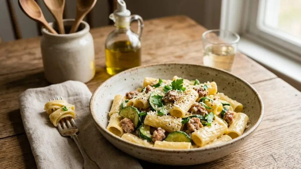 Pasta cremosa con zucchine e salsiccia servita in un piatto rustico su tavolo di legno.