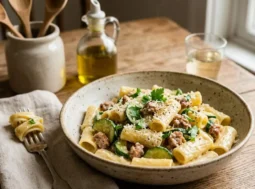 Pasta cremosa zucchine e salsiccia Pasta cremosa con zucchine e salsiccia servita in un piatto rustico su tavolo di legno.