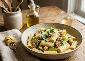 Pasta cremosa con zucchine e salsiccia servita in un piatto rustico su tavolo di legno.