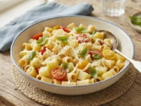 Ciotola di pasta e patate fredda estiva condita con pomodorini, provola e basilico pronta da servire su un tavolo in legno