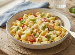 Pasta e patate fredda pronta da servire Ciotola di pasta e patate fredda estiva condita con pomodorini, provola e basilico pronta da servire su un tavolo in legno