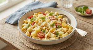 Pasta e patate fredda pronta da servire Ciotola di pasta e patate fredda estiva condita con pomodorini, provola e basilico pronta da servire su un tavolo in legno