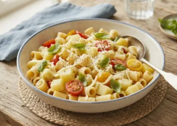 Ciotola di pasta e patate fredda estiva condita con pomodorini, provola e basilico pronta da servire su un tavolo in legno