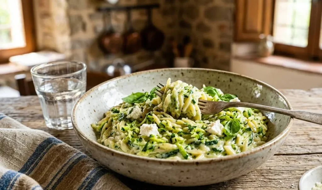 Piatto di pasta risoni cremosa con zucchine grattugiate e robiola guarnito con basilico fresco su tavolo in legno rustico