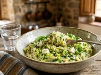 Piatto di pasta risoni cremosa con zucchine grattugiate e robiola guarnito con basilico fresco su tavolo in legno rustico