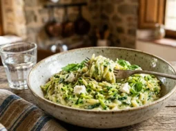 pasta-risoni-zucchine-cremosa-robiola Piatto di pasta risoni cremosa con zucchine grattugiate e robiola guarnito con basilico fresco su tavolo in legno rustico
