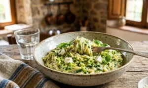 pasta-risoni-zucchine-cremosa-robiola Piatto di pasta risoni cremosa con zucchine grattugiate e robiola guarnito con basilico fresco su tavolo in legno rustico