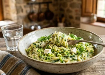 pasta-risoni-zucchine-cremosa-robiola Piatto di pasta risoni cremosa con zucchine grattugiate e robiola guarnito con basilico fresco su tavolo in legno rustico