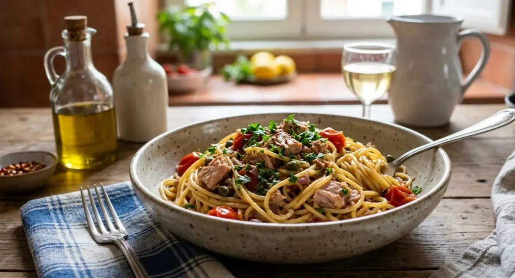 Pasta al tonno estiva e cremosa Un piatto di spaghetti con tonno, pomodorini freschi e prezzemolo servito in una ciotola di ceramica su un tavolo rustico di legno