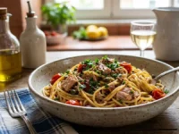 Un piatto di spaghetti con tonno, pomodorini freschi e prezzemolo servito in una ciotola di ceramica su un tavolo rustico di legno