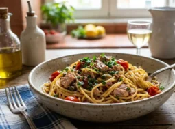 Pasta al tonno estiva e cremosa Un piatto di spaghetti con tonno, pomodorini freschi e prezzemolo servito in una ciotola di ceramica su un tavolo rustico di legno