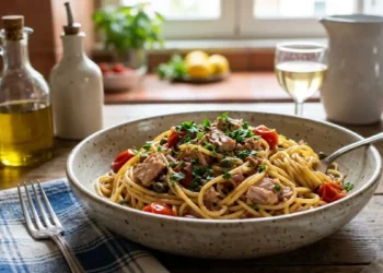 Un piatto di spaghetti con tonno, pomodorini freschi e prezzemolo servito in una ciotola di ceramica su un tavolo rustico di legno