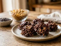 Pasticcini veloci con 2 ingredienti a base di cioccolato e cereali croccanti su un piatto di ceramica.
