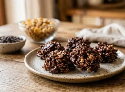 Pasticcini veloci con 2 ingredienti a base di cioccolato e cereali croccanti su un piatto di ceramica.