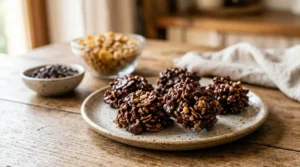 Pasticcini veloci con 2 ingredienti a base di cioccolato e cereali croccanti su un piatto di ceramica.