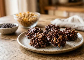pasticcini-veloci-2-ingredienti-cioccolato-cereali Pasticcini veloci con 2 ingredienti a base di cioccolato e cereali croccanti su un piatto di ceramica.