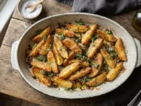 Teglia rustica con patate al forno croccanti dorate con rosmarino fresco e olio