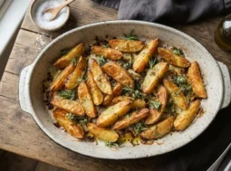 Teglia rustica con patate al forno croccanti dorate con rosmarino fresco e olio