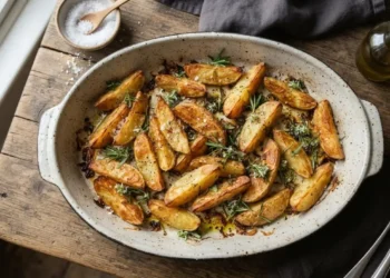 Teglia rustica con patate al forno croccanti dorate con rosmarino fresco e olio