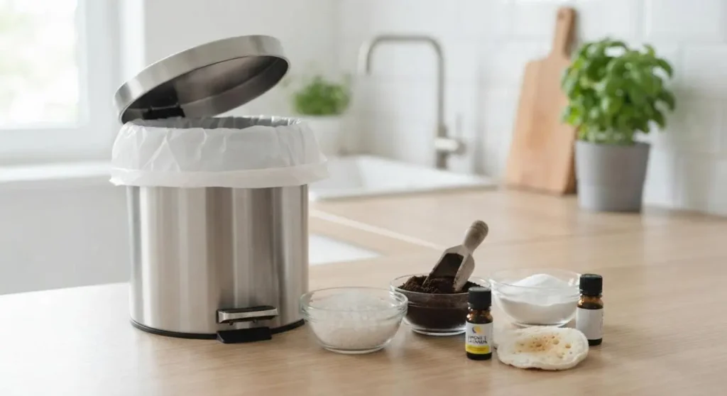 Rimedi naturali per eliminare i cattivi odori dalla pattumiera della cucina attumiera in acciaio aperta in cucina con accanto ciotole di sale grosso, bicarbonato, fondi di caffè e oli essenziali per eliminare i cattivi odori.