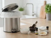 attumiera in acciaio aperta in cucina con accanto ciotole di sale grosso, bicarbonato, fondi di caffè e oli essenziali per eliminare i cattivi odori.