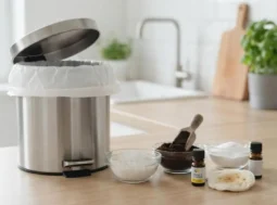 attumiera in acciaio aperta in cucina con accanto ciotole di sale grosso, bicarbonato, fondi di caffè e oli essenziali per eliminare i cattivi odori.