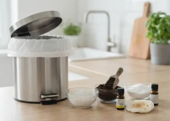 attumiera in acciaio aperta in cucina con accanto ciotole di sale grosso, bicarbonato, fondi di caffè e oli essenziali per eliminare i cattivi odori.
