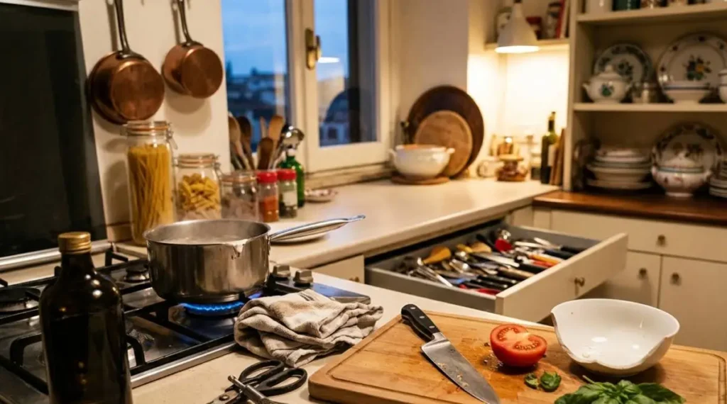 Rischio domestico e autenticità: Oggetti e pericoli comuni in cucina napoletana a luci calde Oggetti pericolosi e comuni in una cucina napoletana a luci calde, tra cui un fornello acceso con una pentola bollente, una bottiglia d'olio, un coltello su un tagliere con un pomodoro tagliato e basilico, e un cassetto aperto pieno di utensili misti.