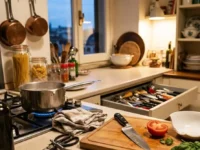 Oggetti pericolosi e comuni in una cucina napoletana a luci calde, tra cui un fornello acceso con una pentola bollente, una bottiglia d'olio, un coltello su un tagliere con un pomodoro tagliato e basilico, e un cassetto aperto pieno di utensili misti.